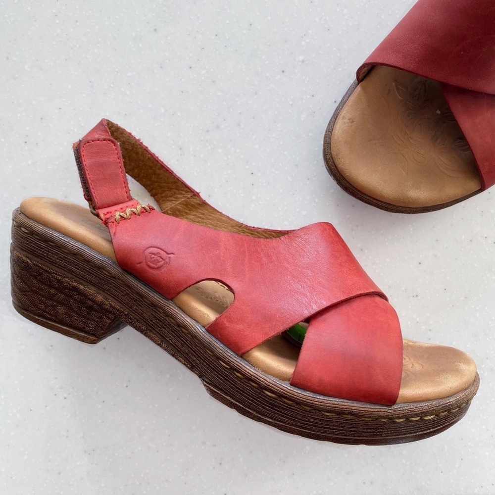 Born Red Leather Criss Cross Open Toe Sandal Heels